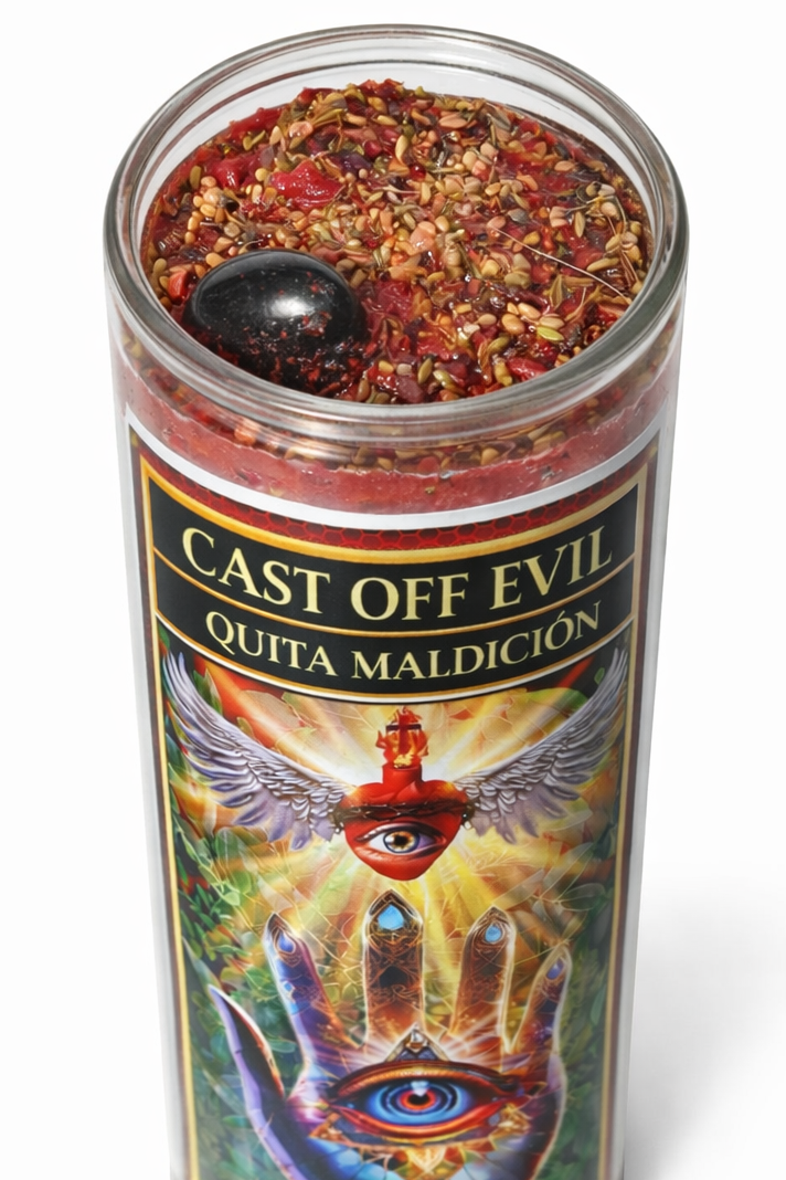 Cast Off Evil Quita Maldición 7-Day Candle Ritual Set with Natural Black Obsidian Stone and Herbal Protection Blend for Spiritual Cleansing and Protection