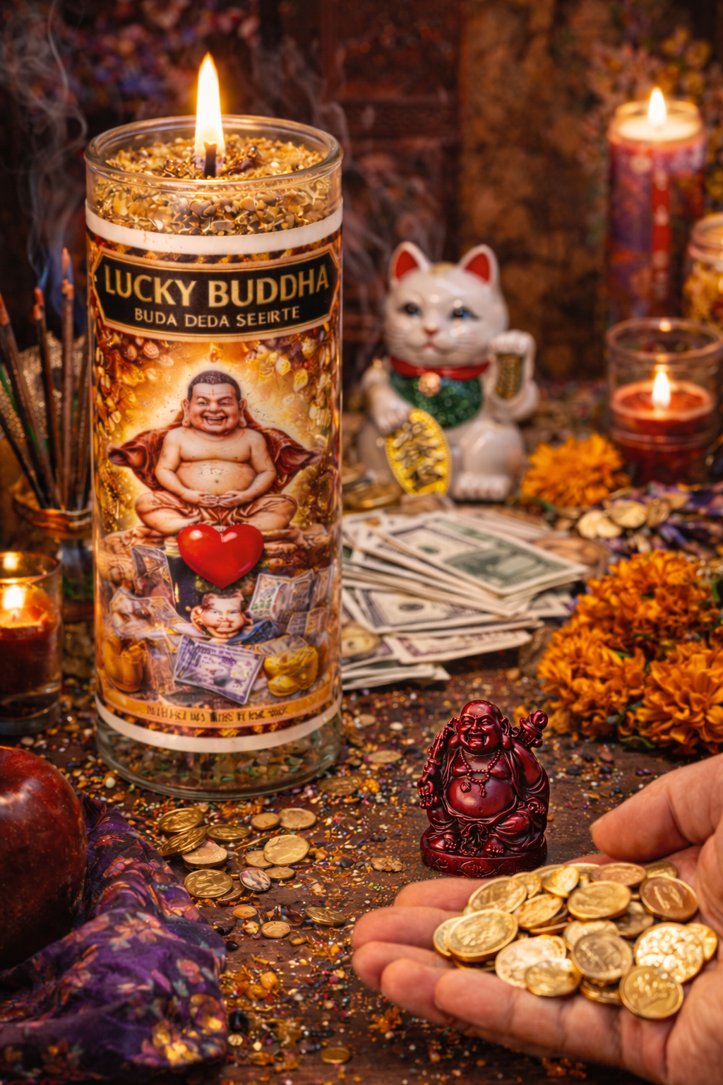 Lucky Buddha 7-Day Candle Ritual Set for Prosperity with Herbs Buddha Statue for Luck Financial Growth and Business Success