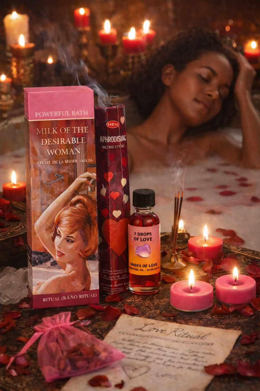 Milk of the Desirable Woman - Love Attraction Ritual Kit (Spiritual Bath, Oil, & Incense) With Bonus Candle